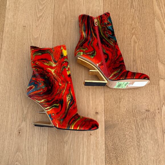 Fendi Ankle Boots Velvet Marble Size EU38 Red Lime Gold Blue - Picture 1 of 9